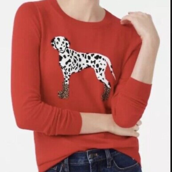 J. Crew Sweaters - J Crew Teddie Sweater Medium Dalmatian Dog Print Red Classic Novelty Print